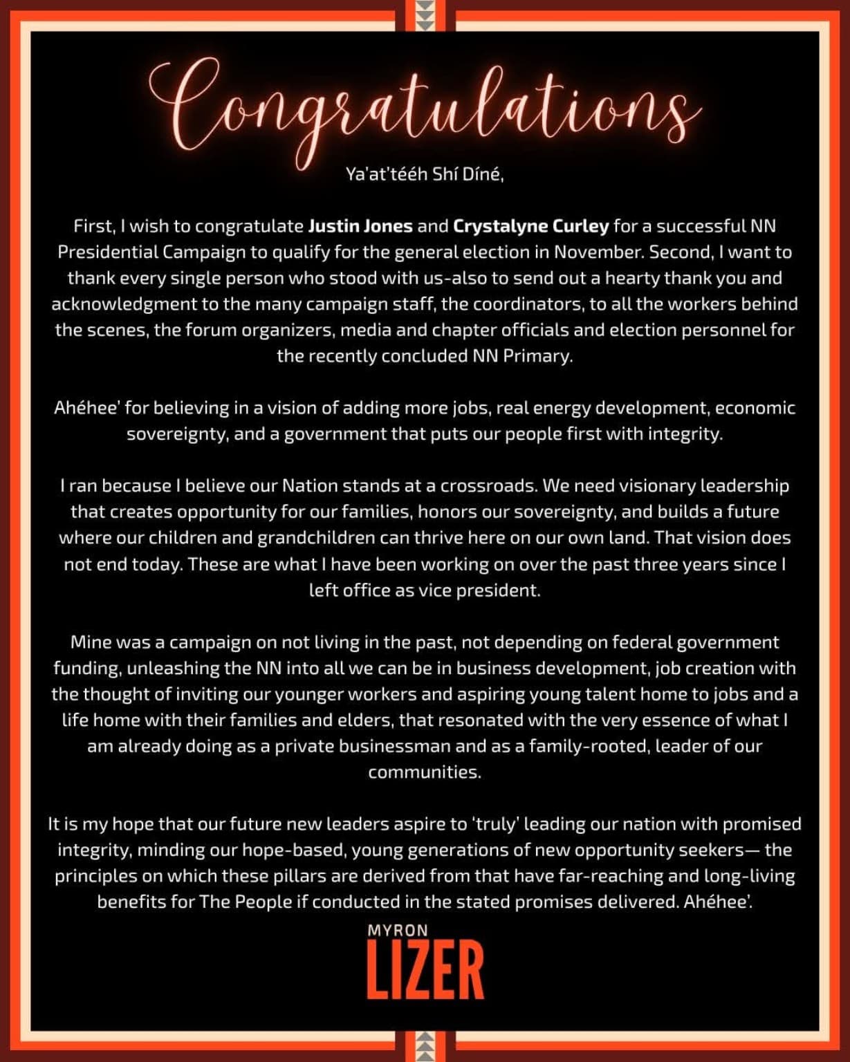 Congratulations and thank-you statement from Myron Lizer